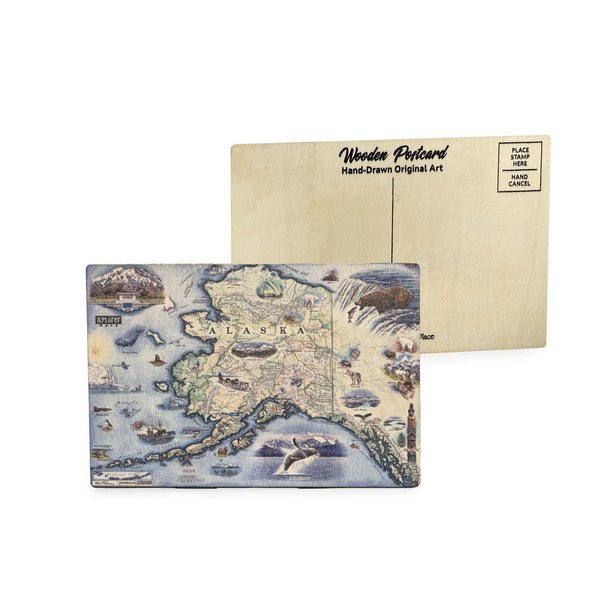 Alaska state map wood postcard. 