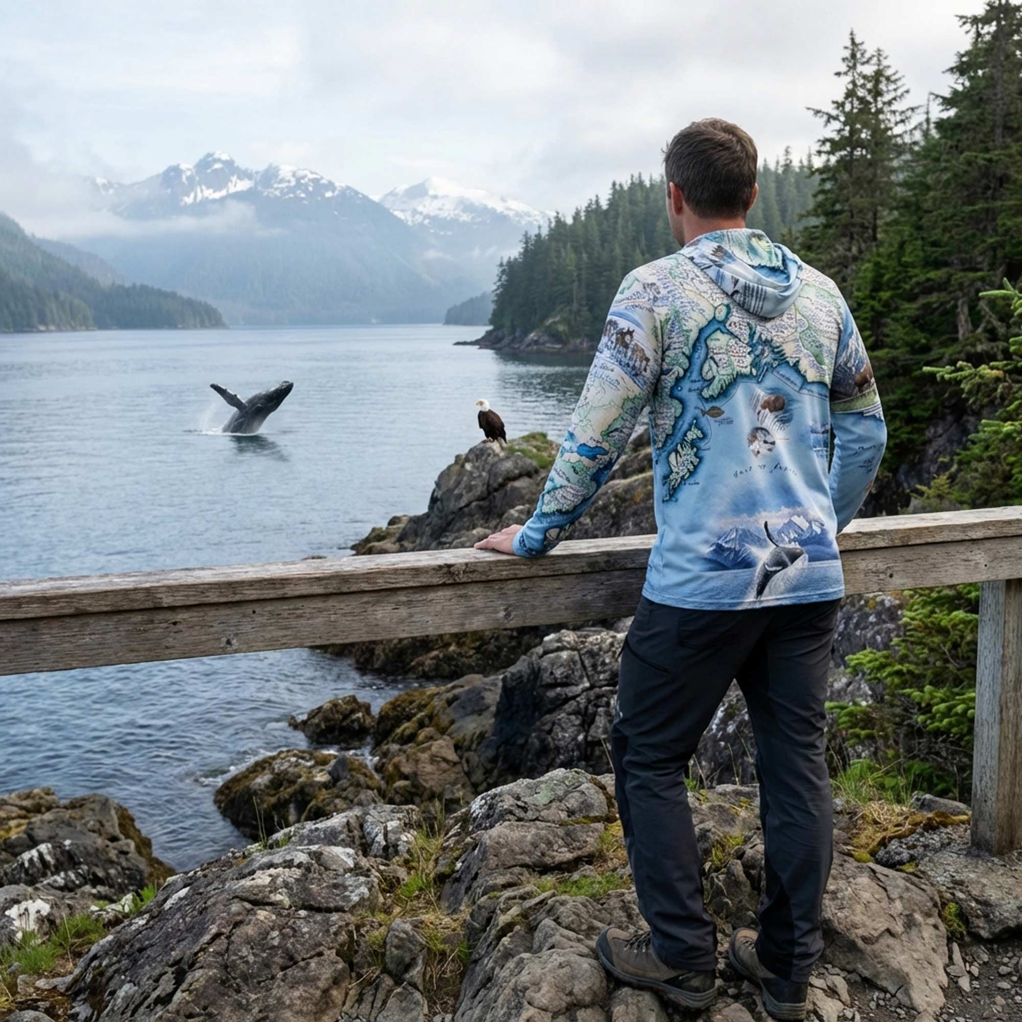 A man stands on a rocky shoreline overlooking a fjord, wearing a light blue hooded long-sleeve shirt with a detailed map and whale print. A humpback whale is visible in the water, with mountains and evergreen forests in the background.