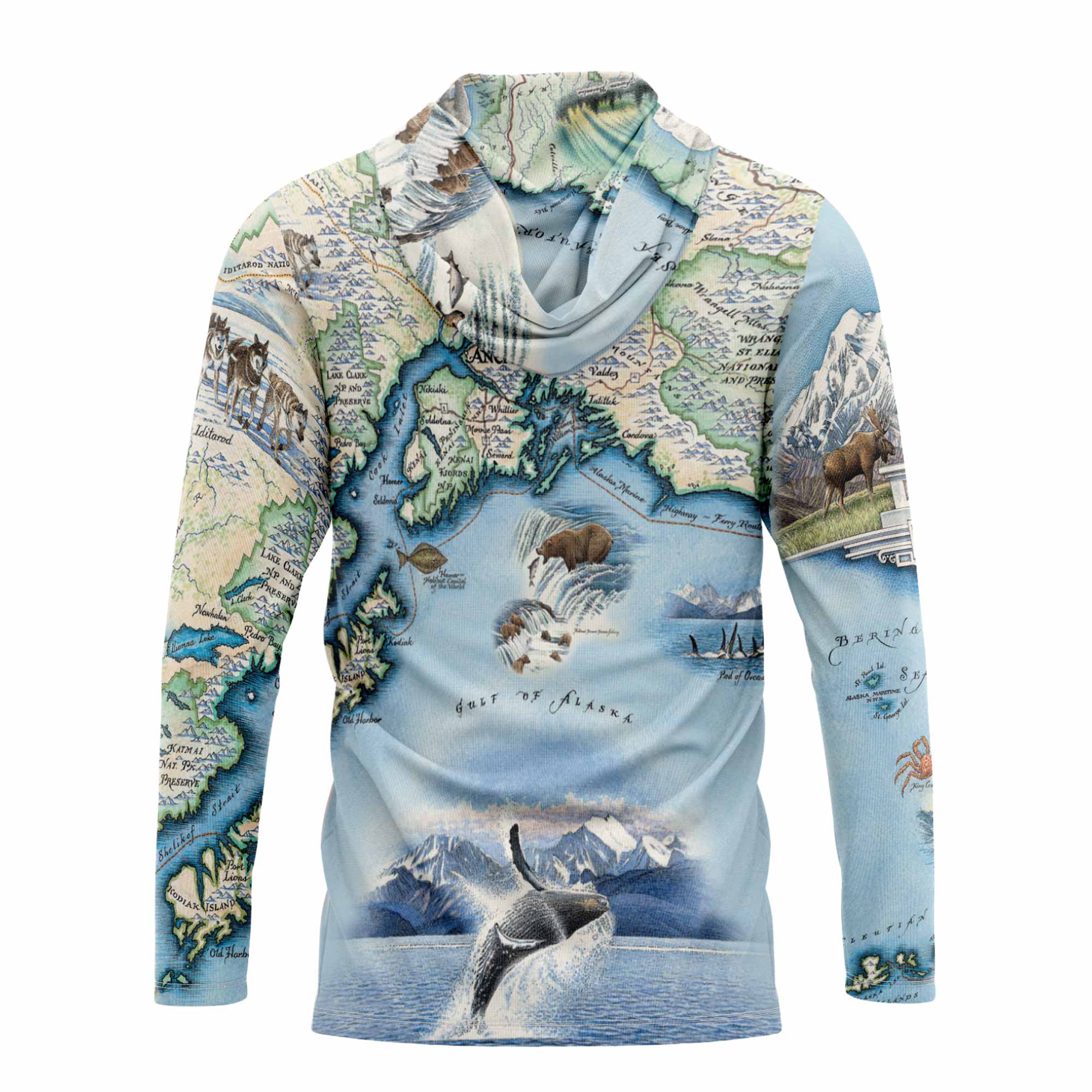 A long-sleeve mock-neck shirt featuring an all-over printed map of North America with illustrations of animals, mountains, ships, and a whale on a white background.