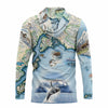 A long-sleeve mock-neck shirt featuring an all-over printed map of North America with illustrations of animals, mountains, ships, and a whale on a white background.