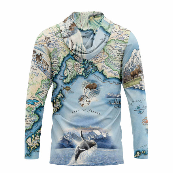 A long-sleeve mock-neck shirt featuring an all-over printed map of North America with illustrations of animals, mountains, ships, and a whale on a white background.