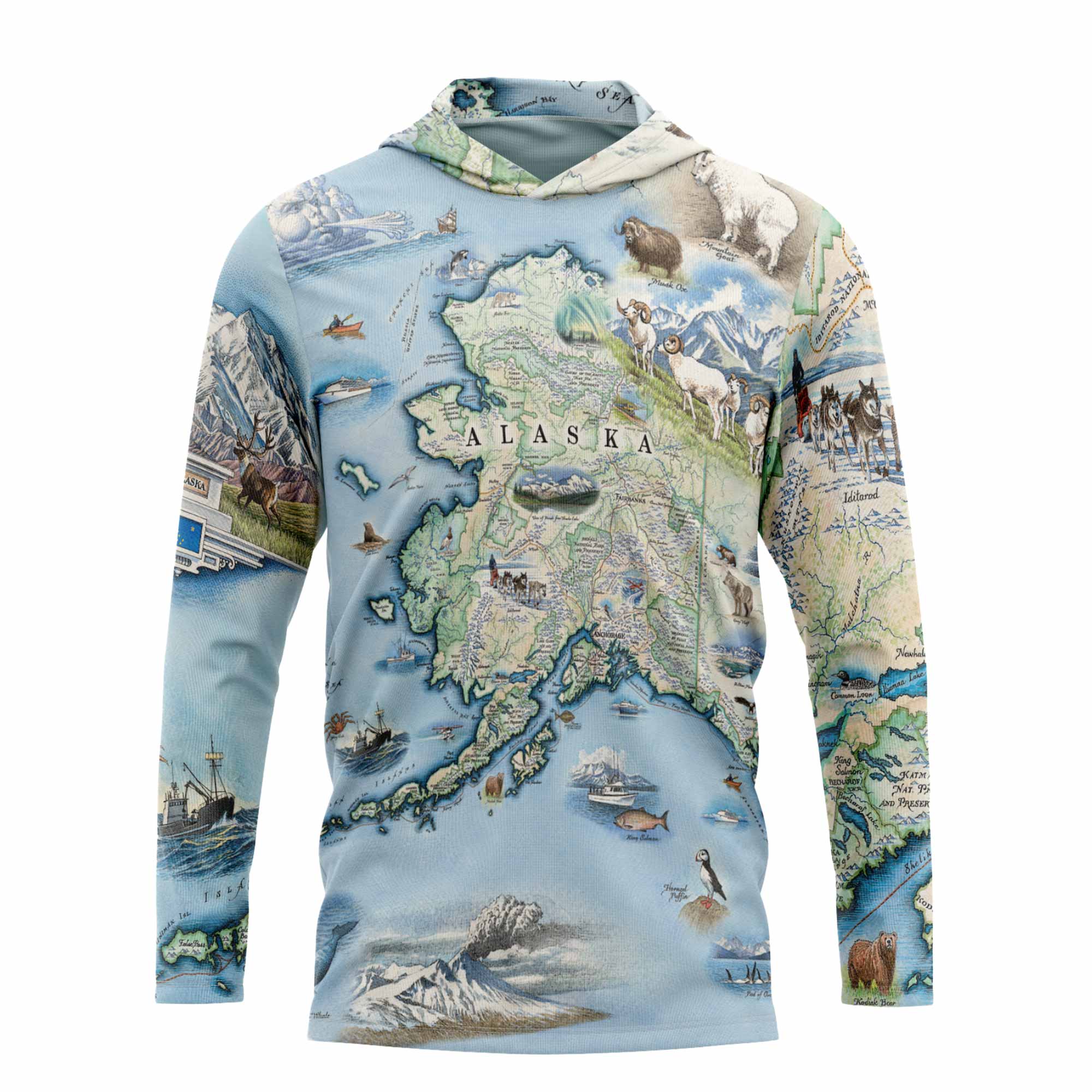 A long-sleeve hooded sweatshirt featuring an all-over Alaska map print with illustrated wildlife, ships, mountains, and coastal scenes on a light blue base.