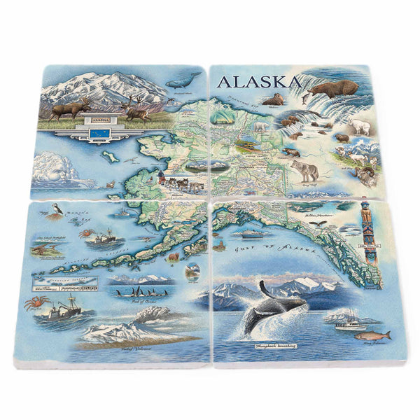Natural stone coasters made from Boccini Marble imported directly from Turkey, showcasing the map of Alaska with intricate details of its vast wilderness, stunning landscapes, and diverse wildlife.