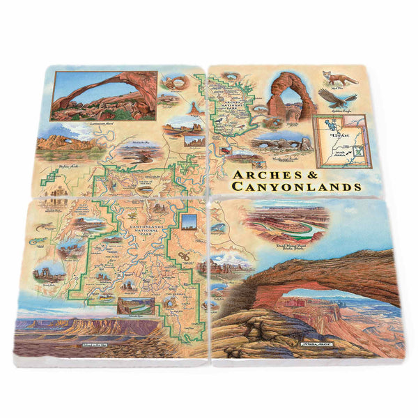 Natural stone coasters crafted from Boccini Marble imported directly from Turkey, featuring the map of Arches National Park, capturing its iconic arch formations, majestic red rock landscapes, and unique geological features.
