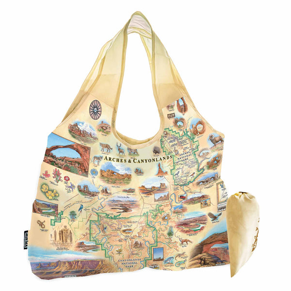 Arches & Canyonlands National Park stuffable pouch tote bag in earth tone colors. Featuring foxes, eagles, flowers, and elk. The map also features illustrations of Mesa Arch, Delicate Arch, Balanced Rock, and many more.