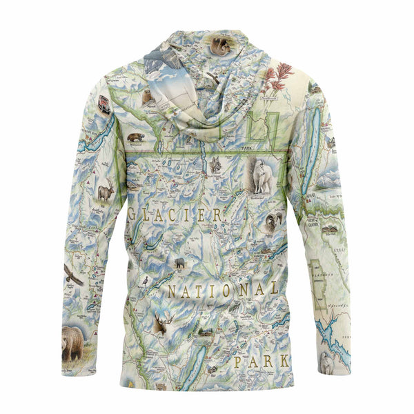 Back Sun Shirt Hoodie with Glacier National Park map and wildlife design on a white background