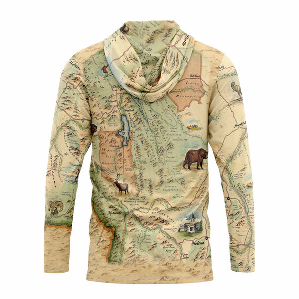 Back of sun shirt hoodie with a map design on a white background