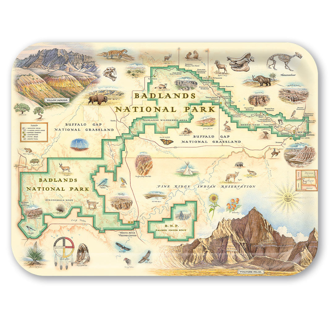 Serving Tray Map of Badlands National Park with illustrations of animals and landscapes on a beige background