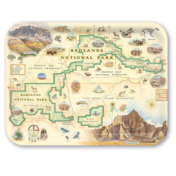 Serving Tray Map of Badlands National Park with illustrations of animals and landscapes on a beige background