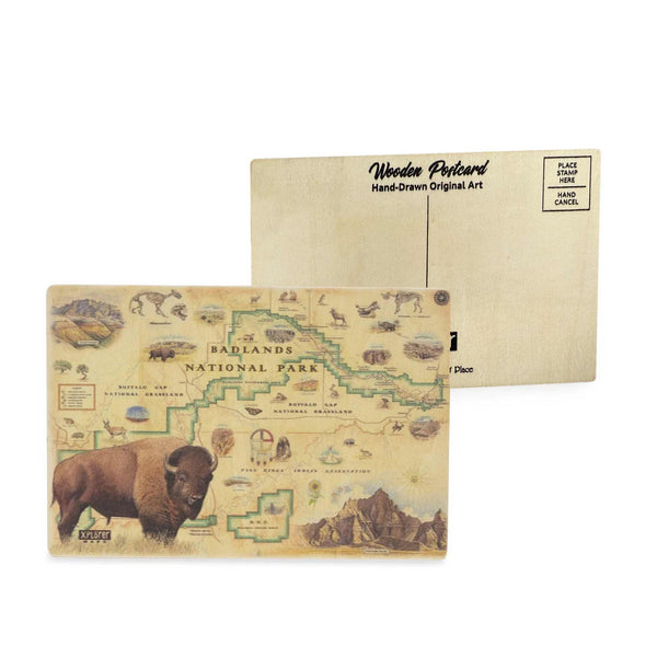 Badlands National Park Map wooden postcard in earth tone colors featuring hand-drawn illustrations of geological formations and native wildlife.