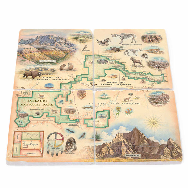 Natural stone coasters made from Boccini Marble imported directly from Turkey, showcasing the map of Badlands National Park, illustrating its rugged terrain, striking rock formations, and diverse wildlife.