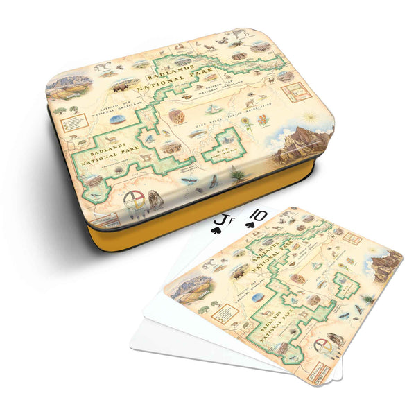 Badlands National Park Map Playing cards that features iconic attractions, flora and fauna of that area - Yellow Metal Tin