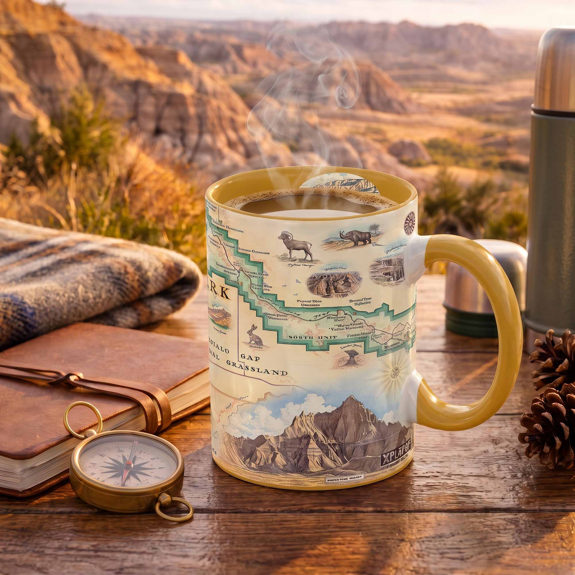 Badlands Mug with map design on a wooden surface with scenic background