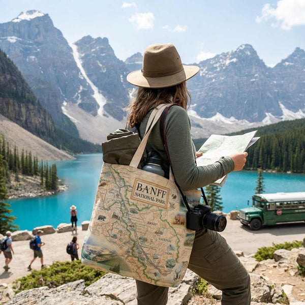 Person with a Banff National Park tote bag standing in front of a scenic mountain lake.