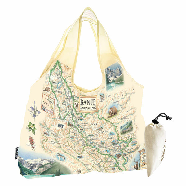 Banff National Park Map nylon tote In beautiful earth tones. Featuring grizzly bears, elk, mountain lions, and wolves. The map also features Jasper National Park, Yoho National Park, and Kootenay National Park. The featured illustration of the map is Lake Louise.