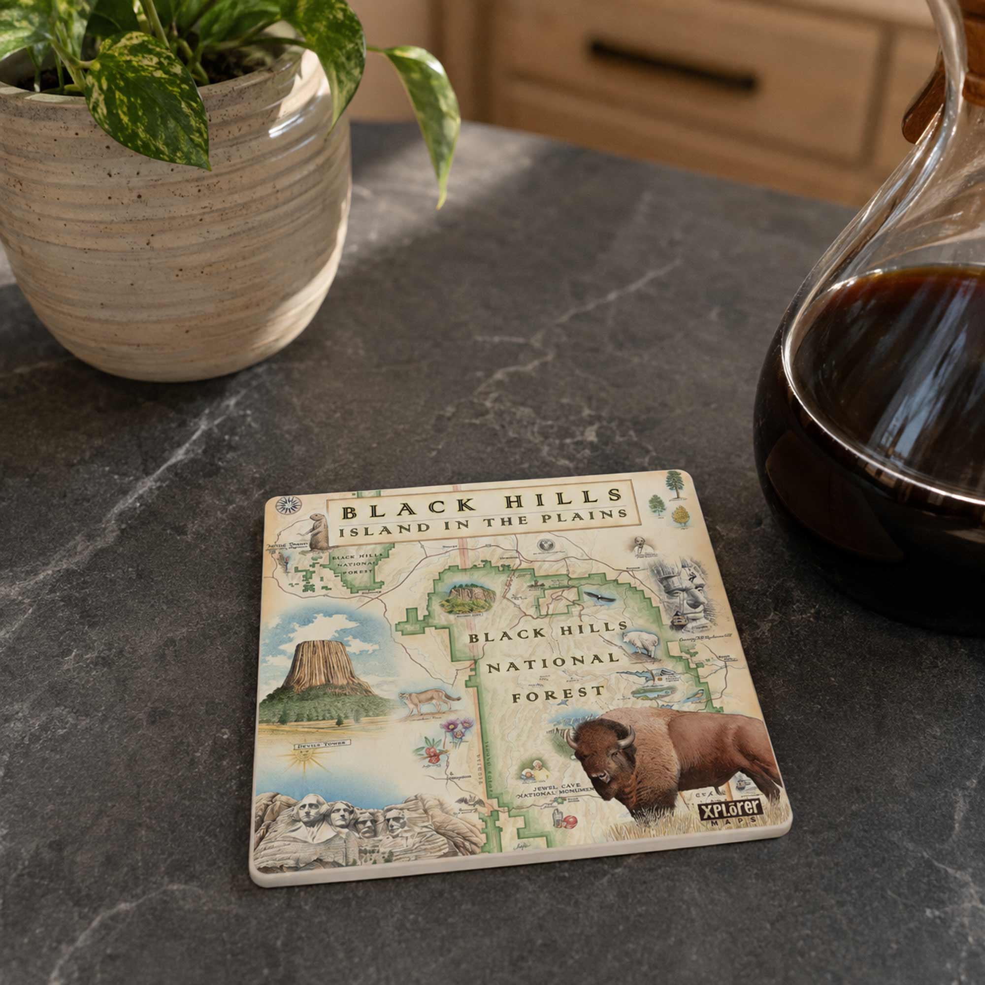 A square ceramic coaster featuring a vintage-style map of Black Hills National Forest with illustrations of a bison, mountain, and landscape, displayed on a dark gray stone countertop next to a plant and a glass carafe of coffee.