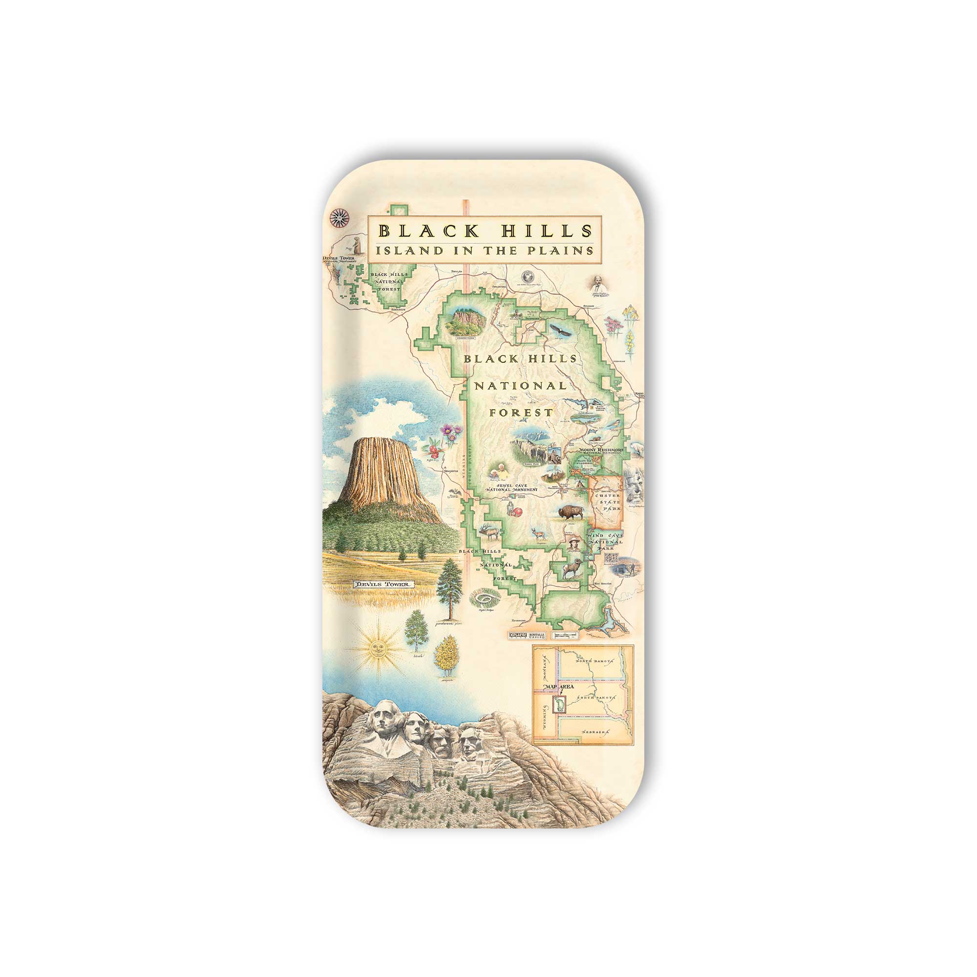 Medium Serving Tray map design of Black Hills and Mount Rushmore on a white background