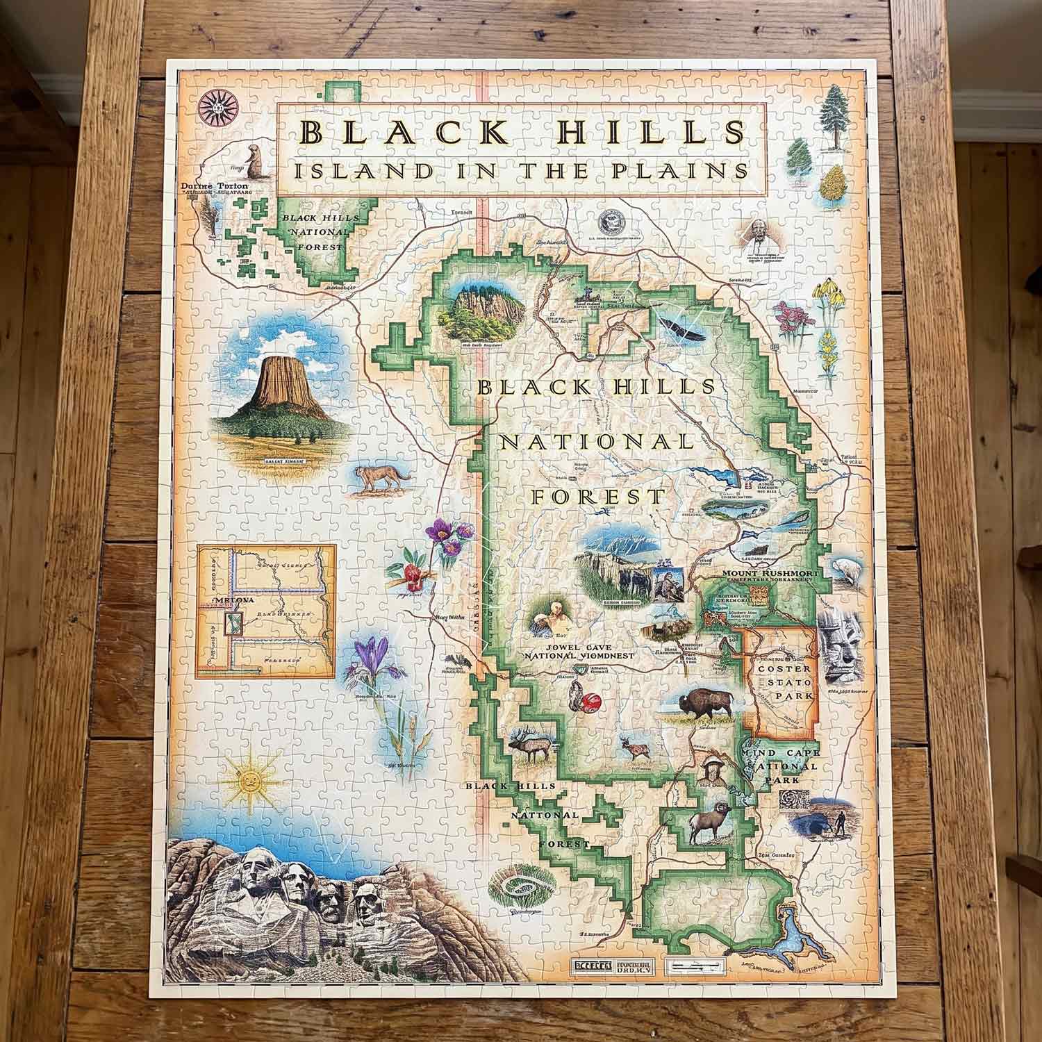 A vintage-style illustrated map poster of Black Hills National Forest, titled 'Black Hills Island in the Plains,' displayed flat on a rustic wooden surface.
