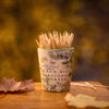 A small cylindrical cup filled with wooden toothpicks sits on a wooden surface outdoors, with autumn leaves nearby and a blurred yellow-brown natural background. The cup is printed with scenic illustrations and the text 'Black Hills National Forest.