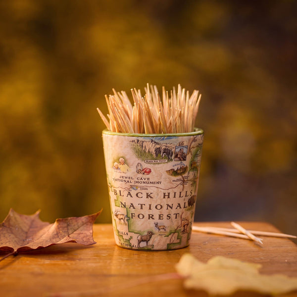 A small cylindrical cup filled with wooden toothpicks sits on a wooden surface outdoors, with autumn leaves nearby and a blurred yellow-brown natural background. The cup is printed with scenic illustrations and the text 'Black Hills National Forest.