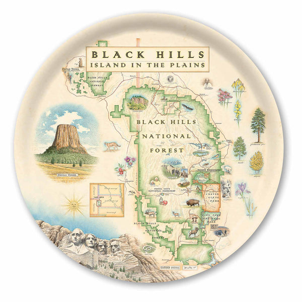 Round Serving Tray Map of Black Hills National Forest on a decorative plate with illustrations and text.