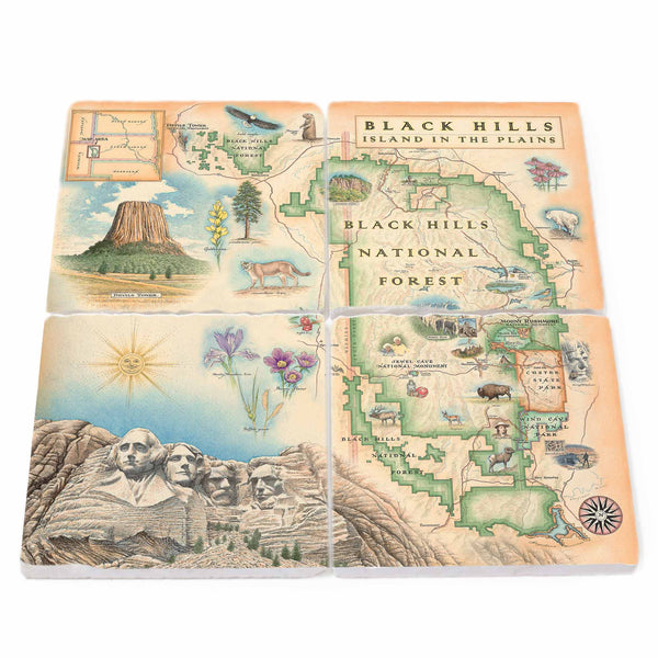  Natural stone coasters featuring the Black Hills National Forest, showcasing the lush woodlands, scenic trails, and iconic landmarks nestled within this pristine natural area of South Dakota.