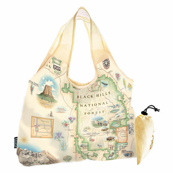 Black Hills National Forest Map Pouch Tote Bag by Xplorer Maps. Featuring cities like Rapid City, Spearhead, Rapid City, and Sturgis. Mount Rushmore, Devils Tower, Jewel Cave National Monument, Custards, and Wind Cave National Park. Flora and Fauna illustrations include bison, elk, mountain goats, birds, pine trees, and native flowers.