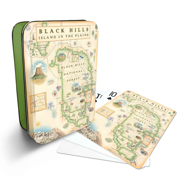Black Hills National Forest Map Playing cards that features iconic attractions, flora and fauna of that area - Green Metal Tin