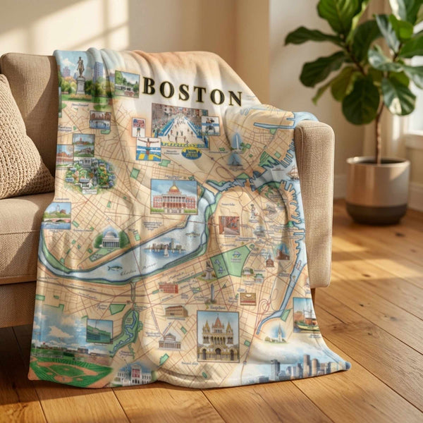 Boston-themed blanket draped over a couch in a living room setting