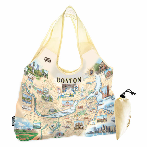 Boston city Map stuffable pouch tote bag in Earth Tone colors. Featuring Boston strong, Boston Marathon, Fenway Park, Museum of Fine Arts, Massachusetts State House, Bunker Hill Monument.