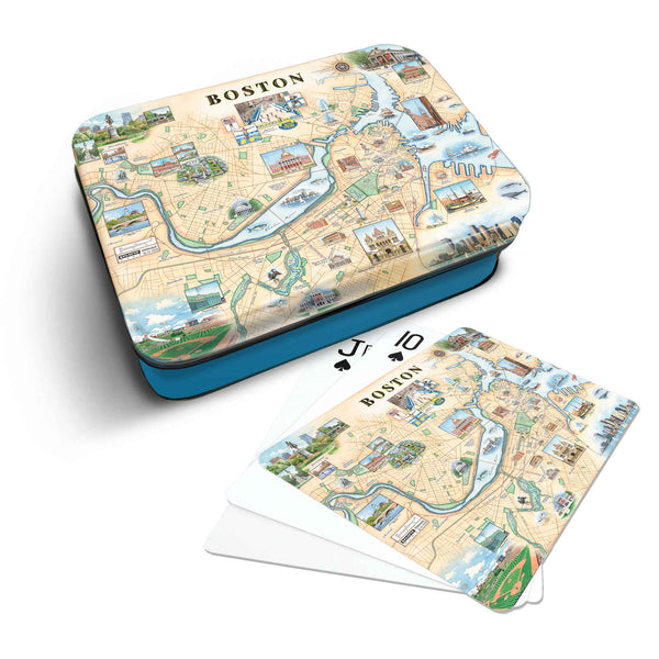 Boston Map Playing cards that features iconic attractions, flora and fauna of that area - Blue Metal Tin