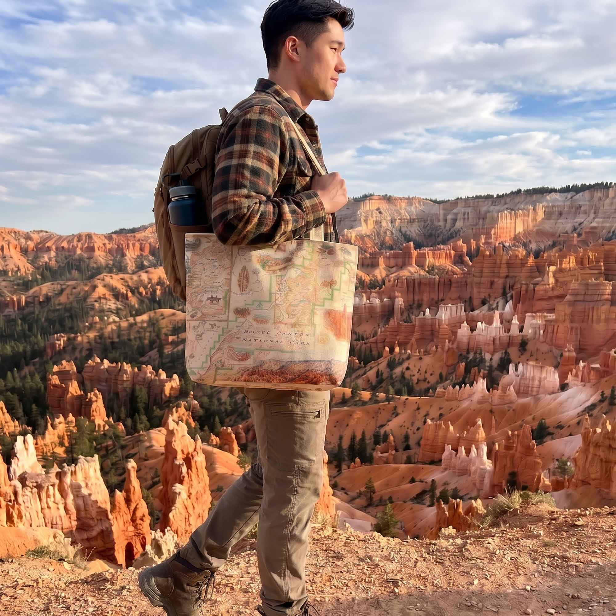 Man with a backpack and tote bag standing in front of a scenic landscape