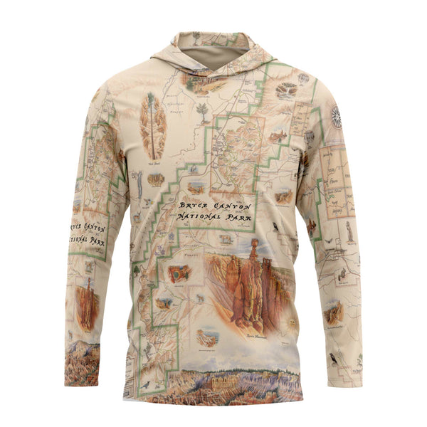 Back sun shirt hoodie with a map design of Bryce Canyon National Park on a white background