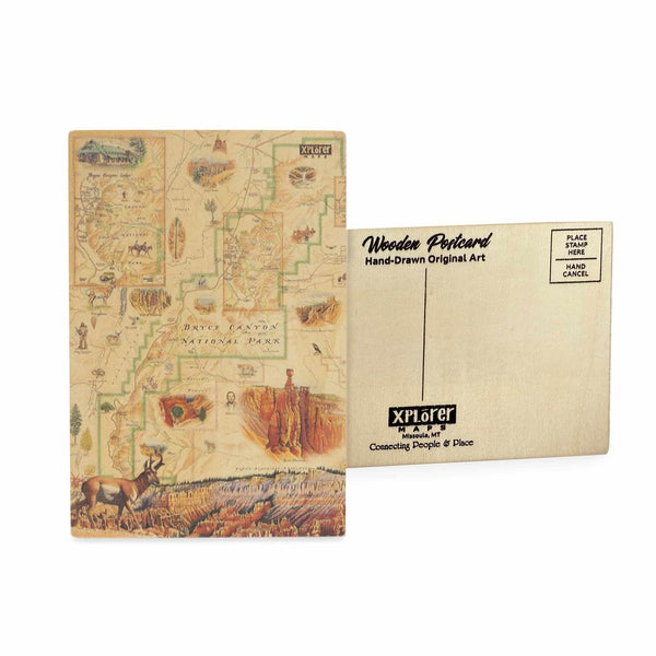 Bryce Canyon National Park Map wooden postcard in earth tone colors featuring hand-drawn illustrations of hoodoos, Rim Trail, and native wildlife.