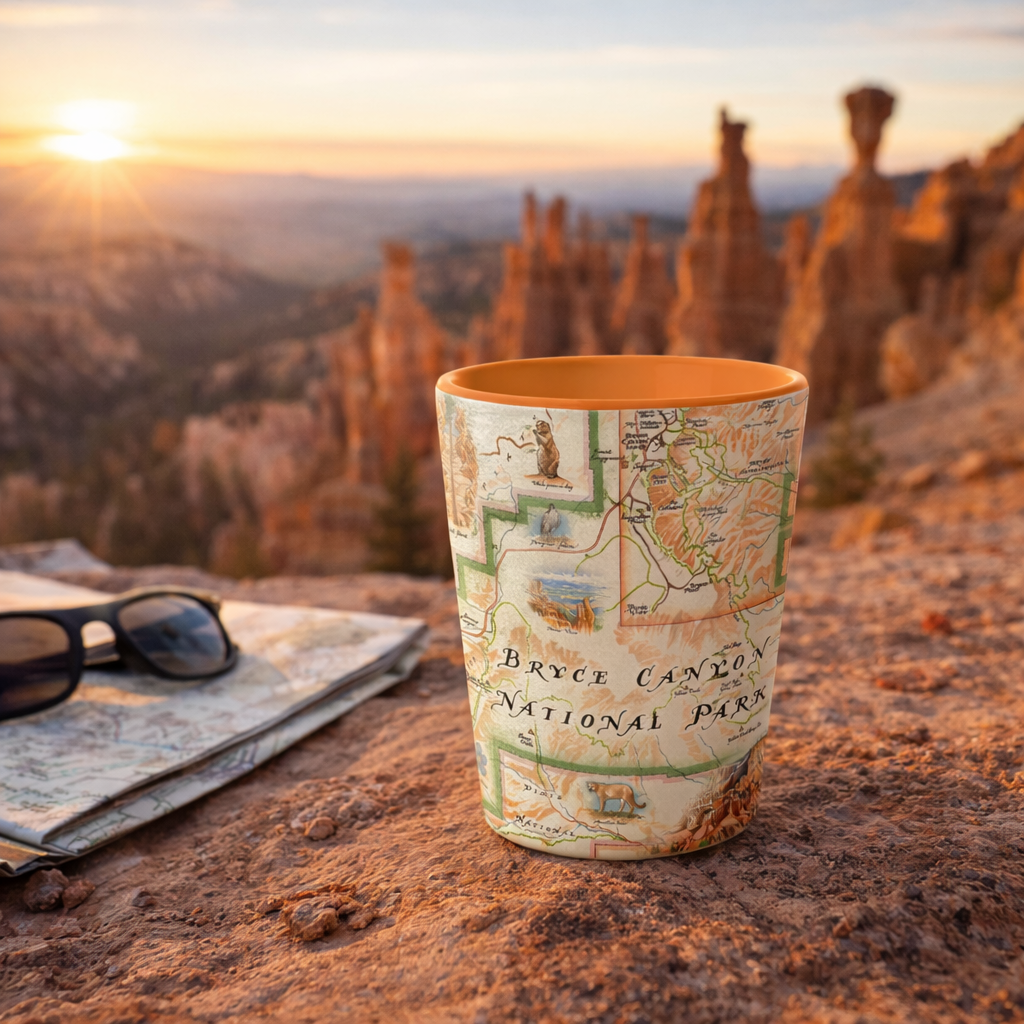 A cylindrical travel mug printed with an antique map of Bryce Canyon National Park sits on a rocky ledge outdoors at sunset, with folded sunglasses and a map nearby and hoodoos in the background.