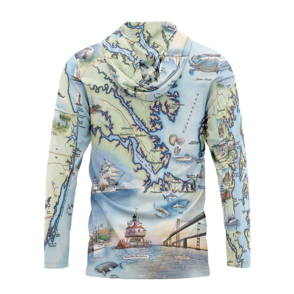 Back Sun shirt hoodie with a map and coastal design on a white background