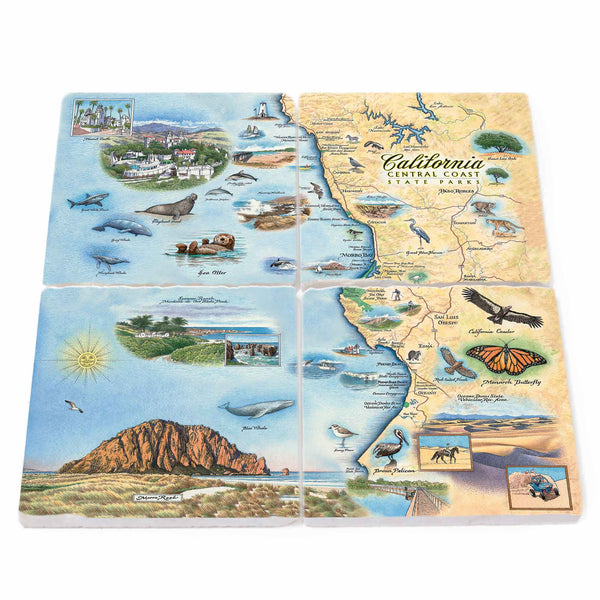 Image: Natural stone coasters made from Boccini Marble imported directly from Turkey, showcasing the map of California's Central Coast State Parks, with stunning coastal landscapes, diverse ecosystems, and scenic trails. Includes flora and fauna such as butterflies and ocean life.