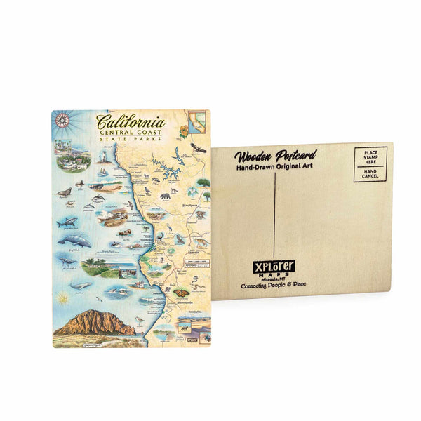 California Central Coast State Map wooden postcard in earth tone colors featuring hand-drawn wildlife like black bears, seals, and butterflies, plus San Luis Obispo and Arroyo Grande.