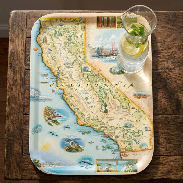 Serving Tray Map of California tray with a glass of water on a wooden table