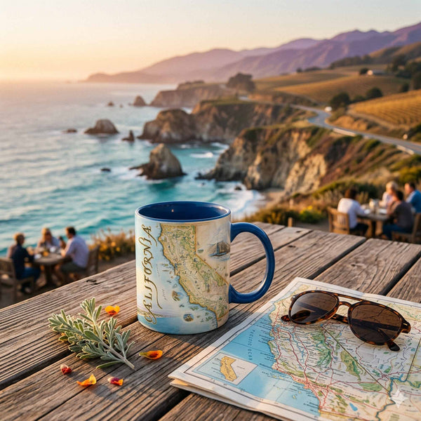 Mug with California map design on a wooden table with scenic ocean view