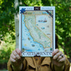 A person outdoors holds up a 1000-piece California jigsaw puzzle box, with their hands and torso visible against a blurred green forest background.
