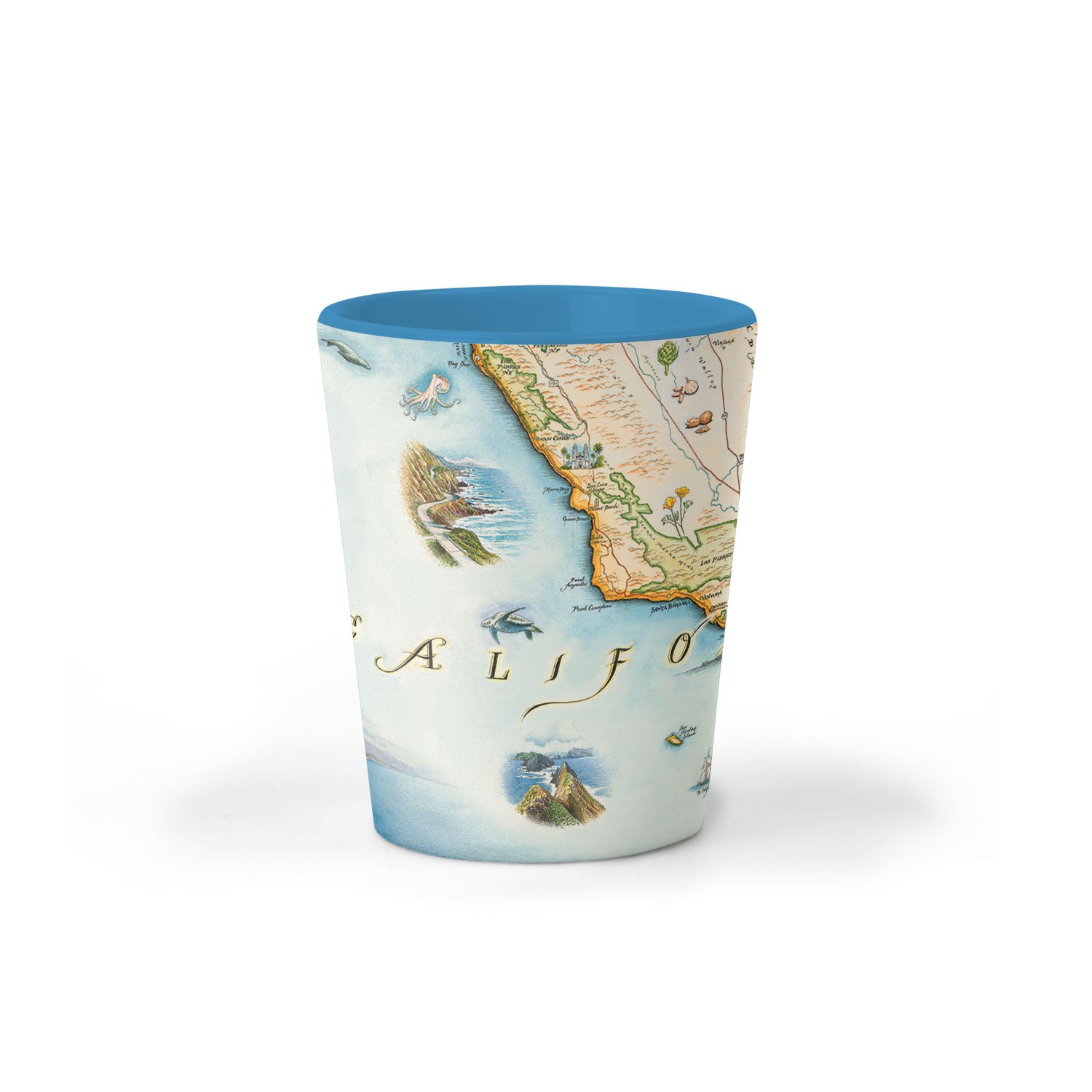 Southern California State Map Ceramic shot glass by Xplorer Maps. Featuring turtles, islands, an octopus, artichokes, and fish. 