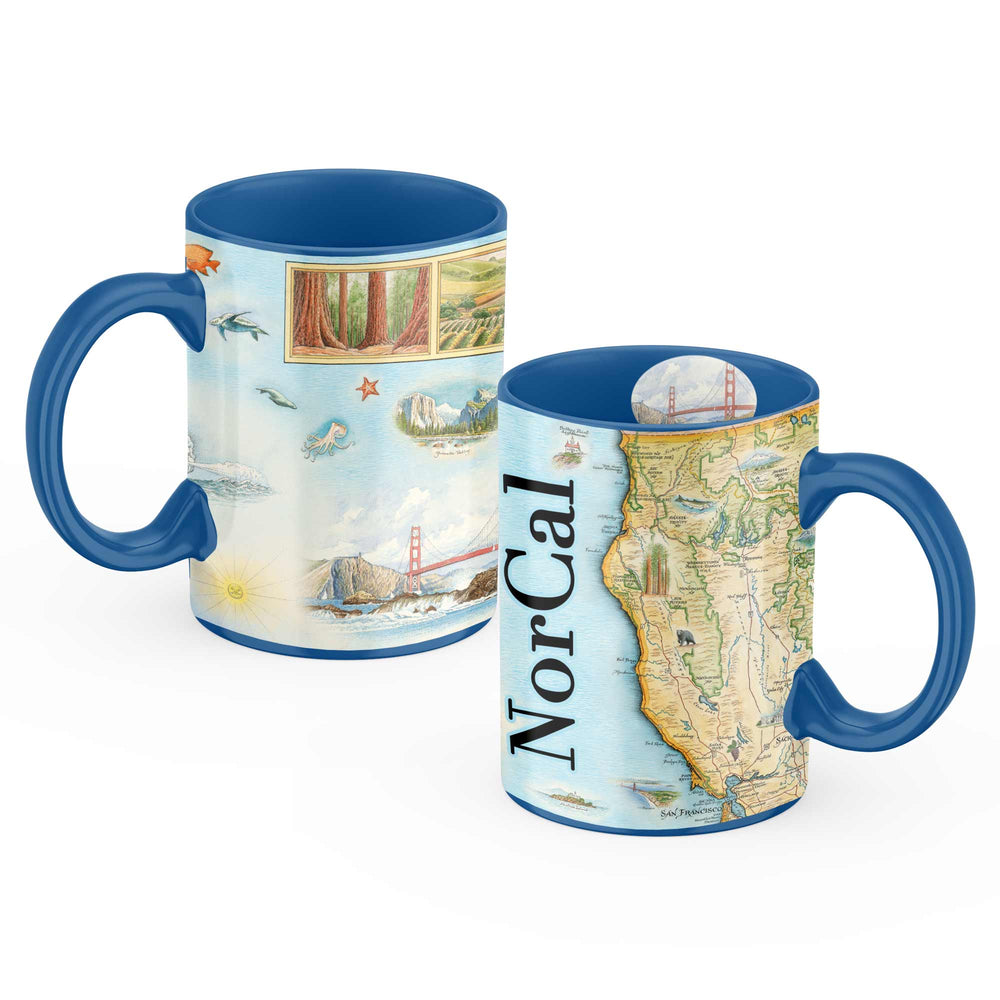 North California State Map Ceramic Mug in earth tones. Featuring black bear, fish, San Francisco, ocean, beach, and Redwood Trees. Blue -16oz