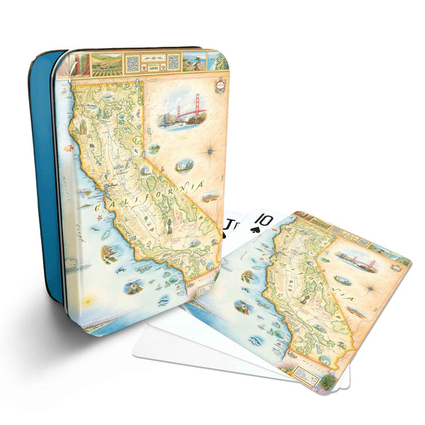 California Map Playing cards that features iconic attractions, flora and fauna of that area - Blue Metal Tin