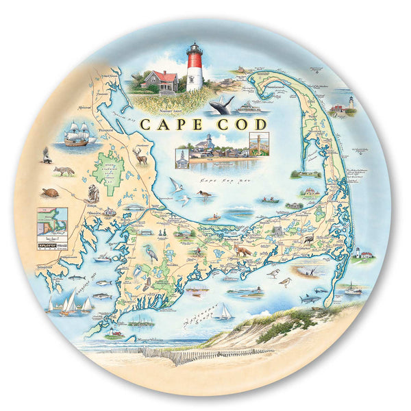 Large Circle Serving Tray Map of Cape Cod with various landmarks and activities on a decorative plate.