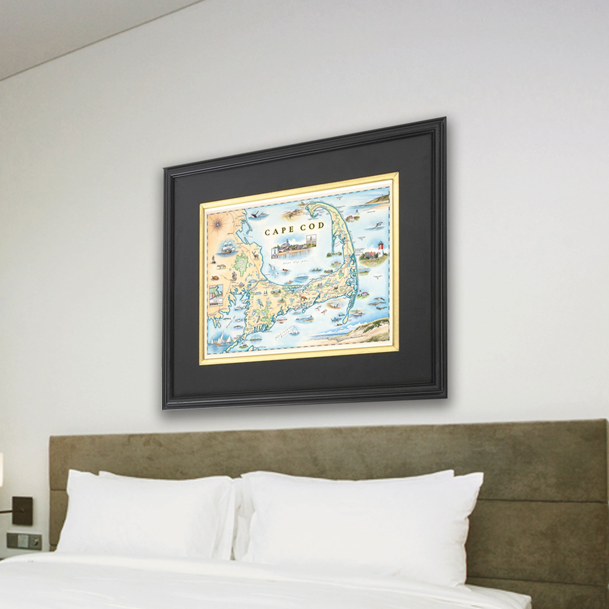 Massachusetts' Cape Cod Hand-Drawn Map hanging over a bed