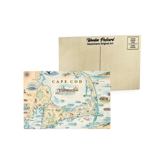 Cape Cod map wooden postcard in earth tone blues and greens featuring hand-drawn illustrations of Plymouth Rock, Provincetown, local wildlife, beaches, and recreational activities.