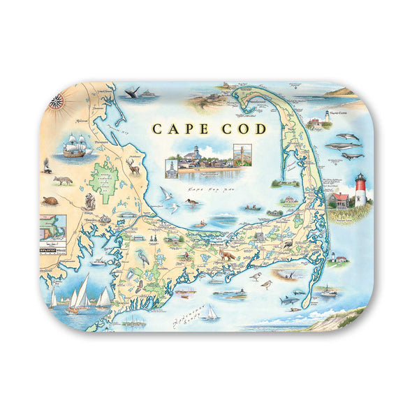 Medium Serving Tray Map of Cape Cod with various icons and landmarks on a decorative tray.