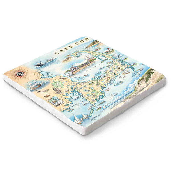 Hand-drawn Cape Cod map on a 6x6 natural stone trivet by Xplorer Maps.