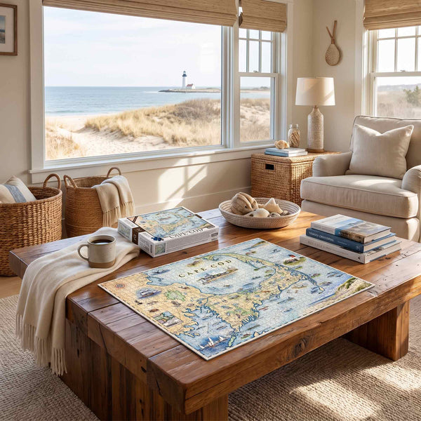 A large rectangular area rug featuring a vintage-style map of Europe and Africa, styled on a rustic wooden coffee table in a bright, coastal-themed living room with a window view of a lighthouse.